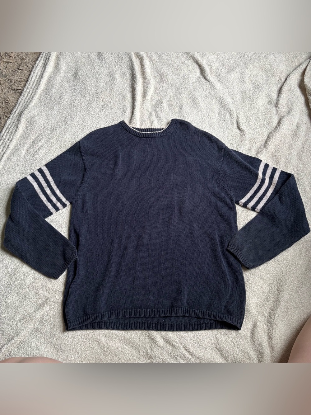 Men's Navy Crewneck Sweater with Stripe Sleeve Detail